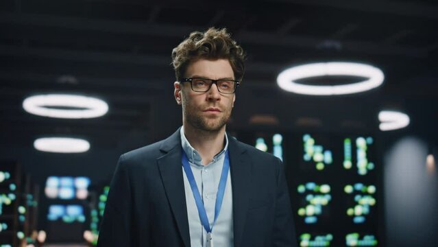 Handsome Businessman Posing Server Room Closeup. Software Developer Man Working