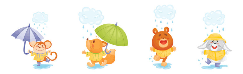 Happy Animals Wearing Coat Walking in Rainy Day with Umbrella Vector Set