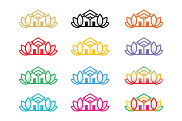 multi colored roofed house line vector logo set with plants around it