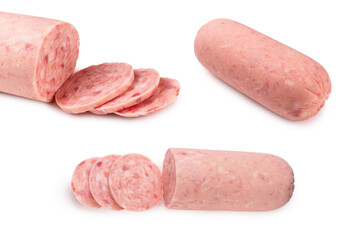 Boiled sausage isolated on white background. Slices.