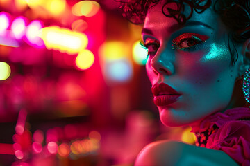 a portrait of a girl with neon lights, in the style of cabaret scenes