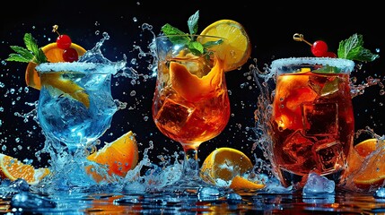 Refreshing Citrus Cocktails with Splash on Black Background