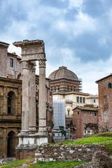 Rome, Italy - February 21, 2023: Three columns of the Temple of Apollo Sosianus in Rome, Italy, rebuilt in the 1st century BC