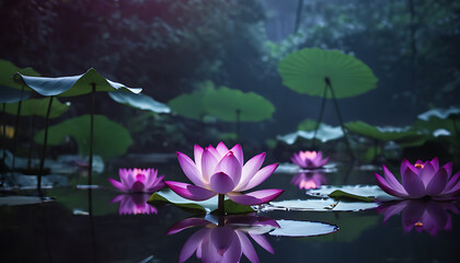 Obraz na płótnie Canvas Deep purple and magenta hues with glowing lotus flowers and leaves, creating a mystical and serene atmosphere reminiscent of a tranquil pond