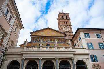 Rome, Italy - February 21, 2023: Basilica of Santa Maria in Trastevere, Rome, Italy