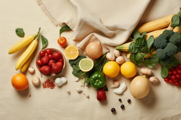 A mix of organic fruits, vegetables, and vegan meal ingredients in eco cotton bags on a beige background, emphasizing a zero-waste, plastic-free, healthy lifestyle. - obrazy, fototapety, plakaty