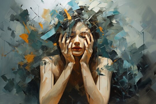 young adult woman feeling depressed distressed and sad emotions on blue and grey background. abstract portrait painting illustration. headache stress loneliness lifestyle mental health concept.