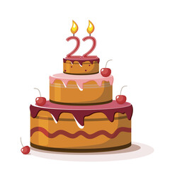 Twenty two year anniversary. Vector birthday cake. Holiday cake with candle.  Big chocolate cake. Twenty two  year old. Twenty two party. Big delicius cake. 