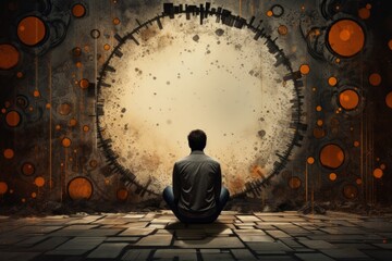 young man sitting silhouette in front of abstract circle background. felicity happiness or loneliness sadness and mental health spirituality meditation lifestyle concept banner. - obrazy, fototapety, plakaty