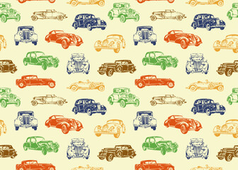Seamless pattern with colorful sketches of vintage cars. Vector illustration of retro antique vehicle. Transport background. Wallpaper, wrapping paper or fabric design template