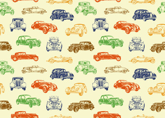 Seamless pattern with colorful sketches of vintage cars. Vector illustration of retro antique vehicle. Transport background. Wallpaper, wrapping paper or fabric design template