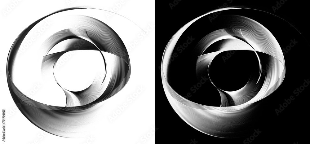 Poster monochrome striped curved elements are layered, arranged in a circle and create frames on white and 