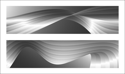 Monochrome cover design, abstract background. Wavy silver parallel gradient lines, ribbons, silk. Set of 2 backgrounds. Black and white with shades of gray banner, poster. eps vector