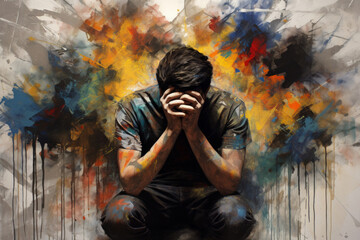 young adult man feeling depressed distressed and sad emotions on colorful background. abstract portrait painting illustration. headache stress loneliness lifestyle mental health concept. - obrazy, fototapety, plakaty