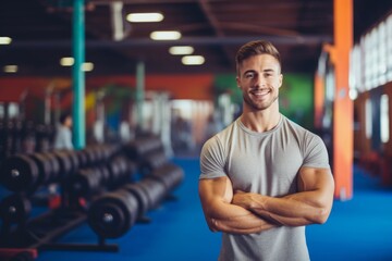 Fototapeta premium Fitness, gym and happy man personal trainer ready for workout coaching