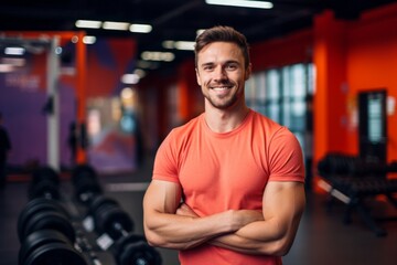 Fototapeta premium Fitness, gym and happy man personal trainer ready for workout coaching