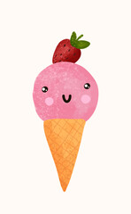 Cute kawaii waffle cone ice cream with face and strawberry on top.
