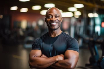 Gordijnen Fitness, gym and happy african american man personal trainer ready for workout coaching © vasyan_23