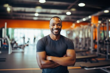 Fitness, gym and happy african american man personal trainer ready for workout coaching - obrazy, fototapety, plakaty