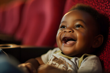 happy black baby in cinema watching movie