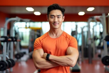 Fototapeta premium Fitness, gym and happy asian man personal trainer ready for workout coaching