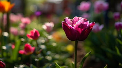 Fototapeta premium Dew-Kissed Purple Tulip in Soft Morning Light with Blurred Floral Background