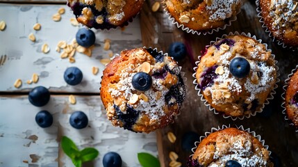 Obraz na płótnie Canvas Blueberry muffins with almonds and fresh berries on a wooden table