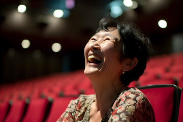 happy senior Asian woman in cinema watching movie