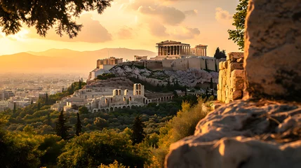 Poster A photo of the Acropolis of Athens, with marble columns as the background, during a golden sunset © VirtualCreatures