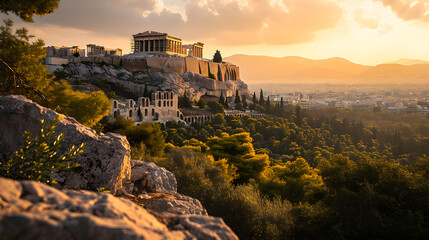 A photo of the Acropolis of Athens, with marble columns as the background, during a golden sunset - obrazy, fototapety, plakaty