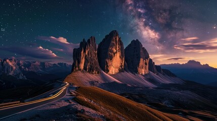 Obraz premium Milky Way, car light trails on mountain road