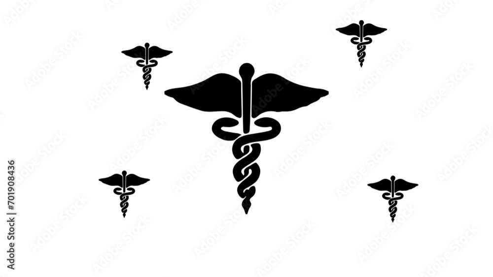 Poster zoom in and out animation the caduceus symbol. large black symbol in the center and four small symbo