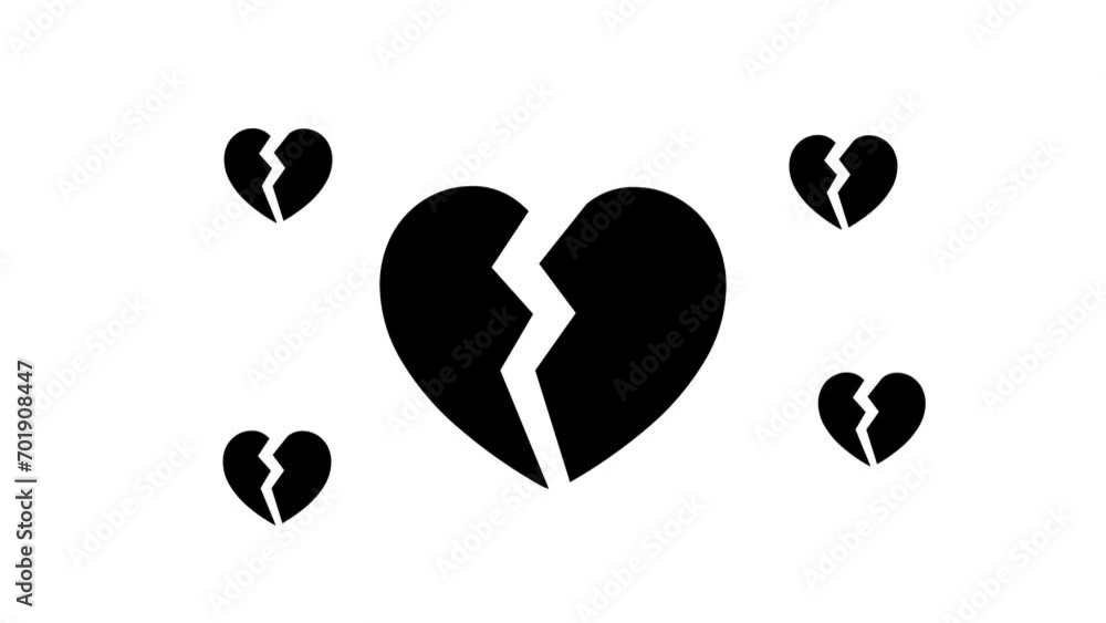 Poster zoom in and out animation the broken heart symbol. large black symbol in the center and four small s