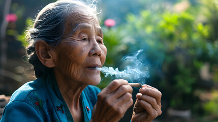 happy retired senior woman smoking medicinal cannabis blunt outside in nature - obrazy, fototapety, plakaty