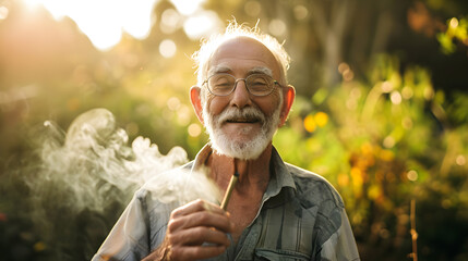 happy retired senior woman smoking medicinal cannabis blunt outside in nature - obrazy, fototapety, plakaty