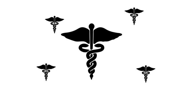 Zoom in and out animation the caduceus symbol. Large black symbol in the center and four small symbols around. Seamless looped 4k animation on white background
