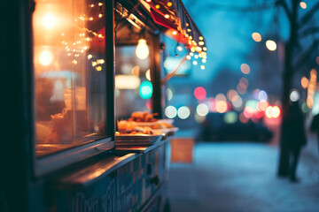 winter food truck in city festival, selective focus