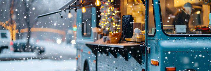 winter food truck in city festival, selective focus banner background - obrazy, fototapety, plakaty