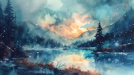 Watercolor star and lake landscape
