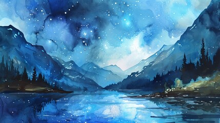 Watercolor star and lake landscape - obrazy, fototapety, plakaty