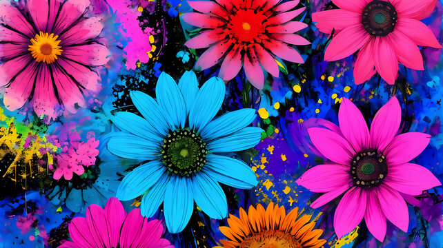 Beautiful neon colorful large abstract flowers