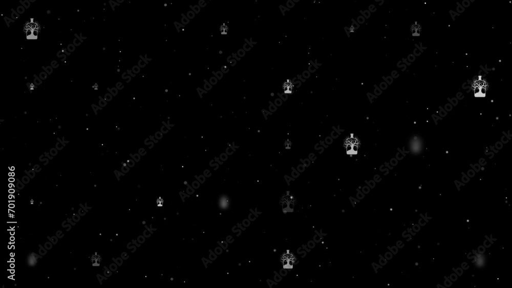 Poster template animation of evenly spaced mystical tree in bottle symbols of different sizes and opacity. 