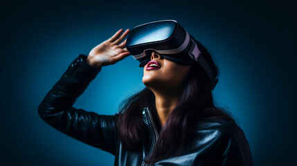 Woman using VR glasses to play a game copy space image 