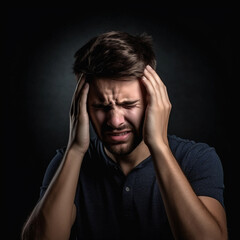 Young man has headache pain isolated background 