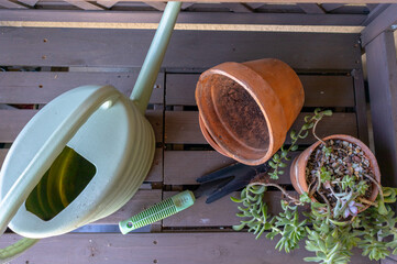 Above view of potting bench with watering can, terra cotta pots, trowel and succulent