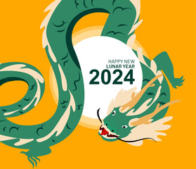 Obraz premium Happy Chinese New Year 2024. Vector illustration of a green wooden dragon in flat hand drawn style. Banner design template. Lunar new year