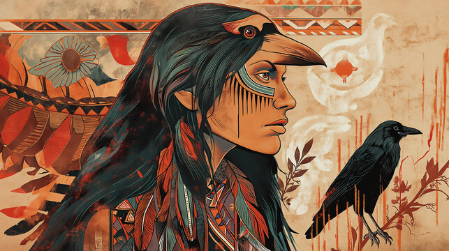 Native american creator mural with crow in modern graffiti street art style  
