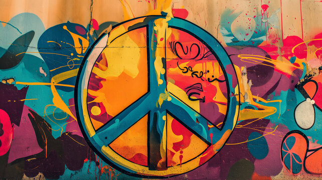 Peace symbol graffiti on the wall in bold colors, street-art for peaceful, anti-war protests