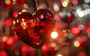 Red Heart Disco Ball on Reflective Surface. Valentine's day background