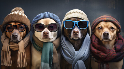 A group of serious solid funny dogs in winter